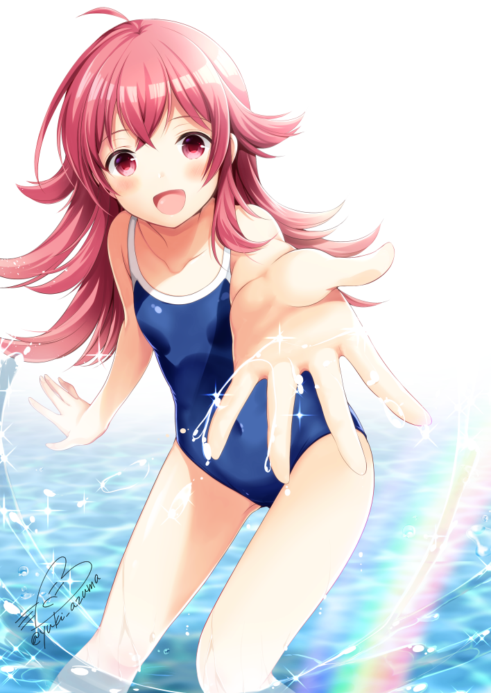 1girl ahoge azuma_yuki blush collarbone eyebrows_visible_through_hair idolmaster idolmaster_shiny_colors komiya_kaho legs_apart long_hair looking_at_viewer one-piece_swimsuit open_mouth outstretched_arm rainbow red_eyes redhead school_swimsuit signature solo standing swimsuit water