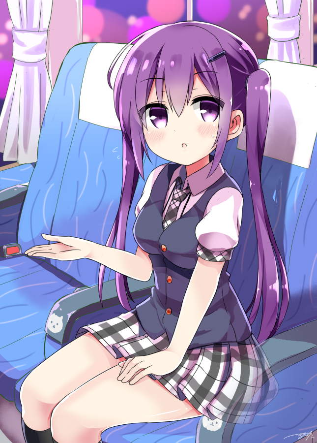 1girl :o black_legwear blue_vest blush breasts bus_interior collared_shirt commentary_request curtains gochuumon_wa_usagi_desu_ka? grey_neckwear hair_between_eyes hair_ornament hairclip hand_on_lap himarisu_(hida_mari) kneehighs long_hair looking_up medium_breasts necktie open_hand plaid plaid_skirt pleated_skirt purple_hair school_uniform shirt short_sleeves sidelocks sitting skirt solo sweatdrop tareme tedeza_rize tedeza_rize's_school_uniform twintails vest violet_eyes window