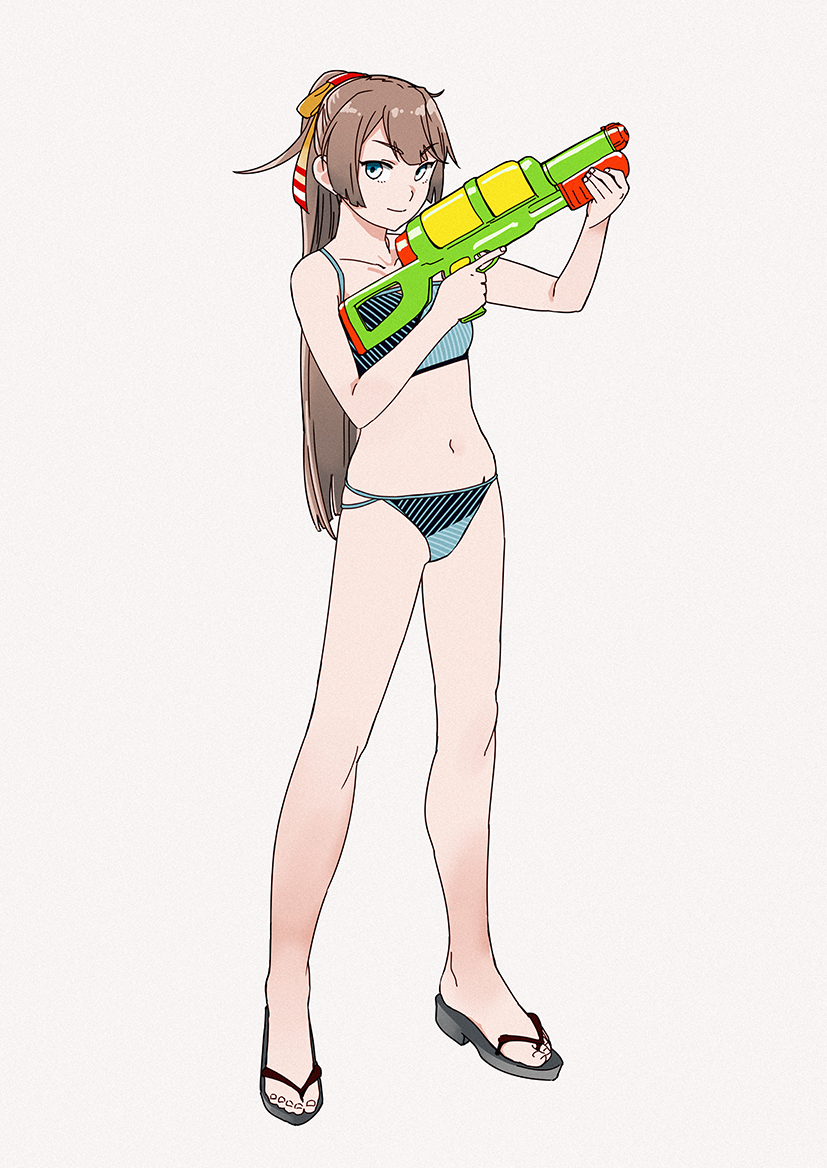 1girl bikini brown_hair commentary_request full_body grey_background grey_eyes hair_ribbon kantai_collection kazagumo_(kantai_collection) long_hair looking_at_viewer ojipon ponytail ribbon sandals simple_background solo standing striped striped_bikini swimsuit water_gun