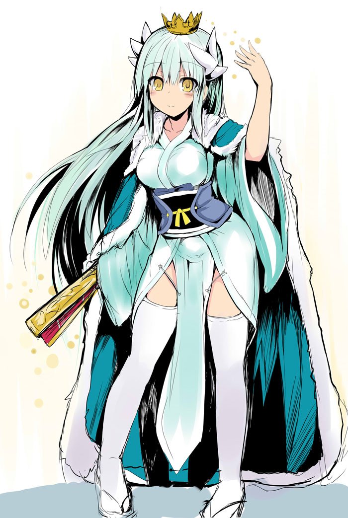 1girl :d aqua_hair arm_up blush breasts cape closed_mouth commentary_request crown dragon_girl dragon_horns eyebrows_visible_through_hair fan fate/grand_order fate/stay_night fate_(series) full_body fur-trimmed_cape fur_trim hair_between_eyes holding holding_fan horns japanese_clothes kimono kiyohime_(fate/grand_order) large_breasts long_hair long_sleeves looking_at_viewer obi open_mouth pelvic_curtain sash sen_(astronomy) short_kimono sidelocks simple_background sketch smile solo standing thigh-highs very_long_hair white_background white_kimono white_legwear wide_sleeves yellow_eyes