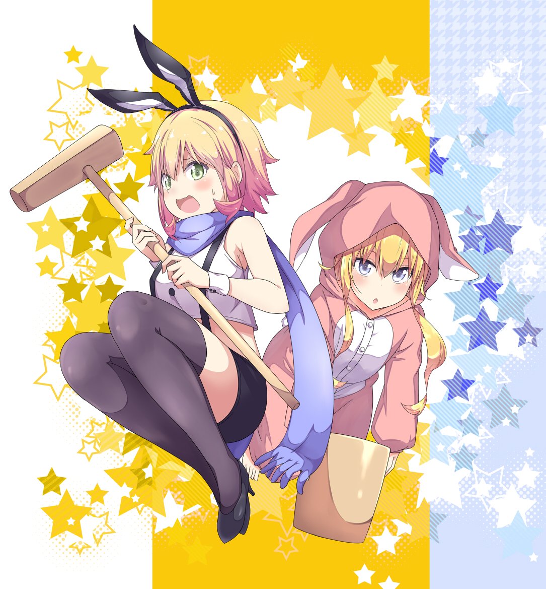 2girls animal_costume animal_ears animal_hood black_legwear blonde_hair bunny_costume bunnysuit chisaki_tapris_sugarbell gabriel_dropout hair_ornament hood long_hair multiple_girls rabbit rabbit_ears tenma_gabriel_white ukami