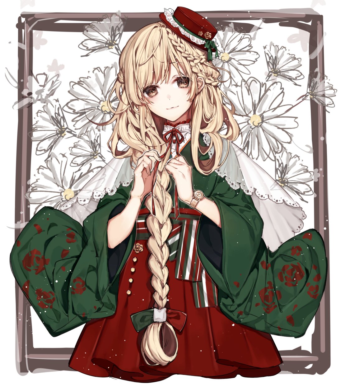 1girl :3 adjusting_hair blush bow braid brown_eyes brown_hair closed_mouth dress eyebrows_visible_through_hair flower green_bow green_ribbon hair_bow hanakeda_(hanada_shiwo) hat hat_ribbon highres long_hair long_sleeves looking_at_viewer multicolored_bow original red_bow red_dress red_hat ribbon smile solo watch watch white_bow