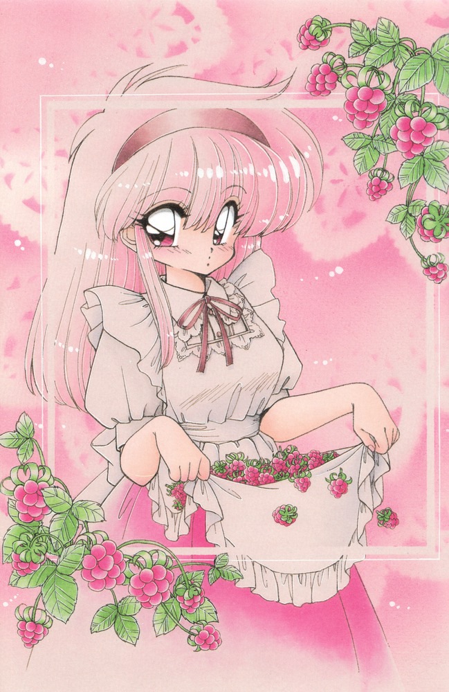 1girl apron apron_lift closed_eyes dress food fruit hairband long_hair looking_at_viewer original pink pink_eyes pink_hair puffy_sleeves ramiya_ryou raspberry short_sleeves solo