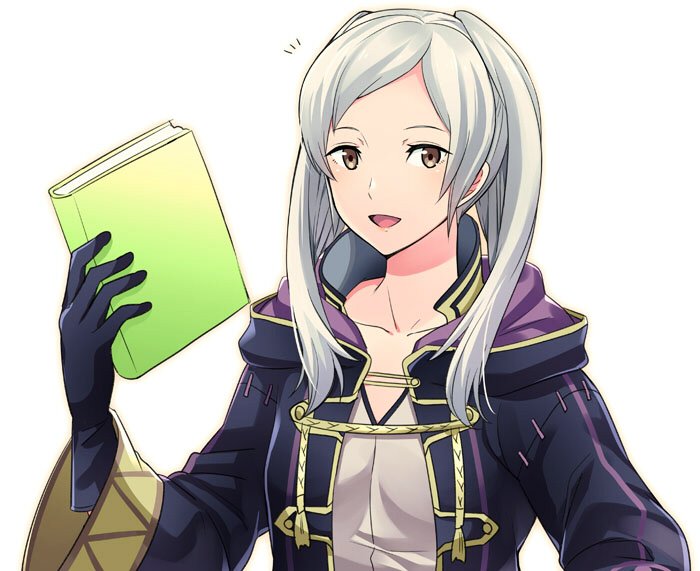 1girl :d a_meno0 bangs black_gloves brown_eyes collarbone female_my_unit_(fire_emblem:_kakusei) fire_emblem fire_emblem:_kakusei gloves holding long_hair my_unit_(fire_emblem:_kakusei) nintendo open_mouth parted_bangs silver_hair simple_background smile solo upper_body white_background