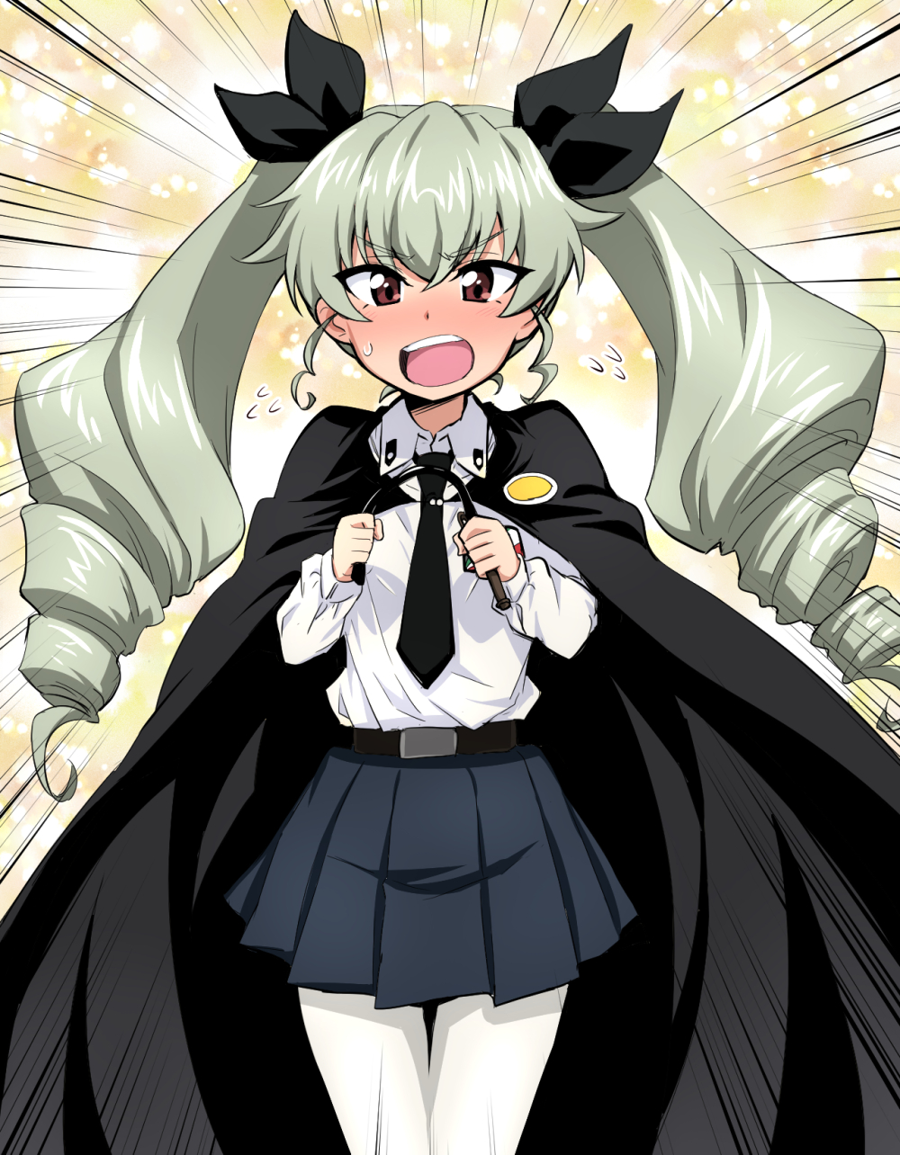 1girl anchovy angry anzio_school_uniform bangs belt black_belt black_cape black_neckwear black_ribbon black_skirt blush cape commentary_request dress_shirt drill_hair emblem emphasis_lines eyebrows_visible_through_hair flying_sweatdrops frown full-face_blush girls_und_panzer green_hair hair_ribbon highres holding long_hair long_sleeves looking_at_viewer miniskirt nakahira_guy necktie open_mouth pantyhose pleated_skirt red_eyes ribbon riding_crop school_uniform shirt skirt solo standing twin_drills twintails v-shaped_eyebrows white_legwear white_shirt yellow_background