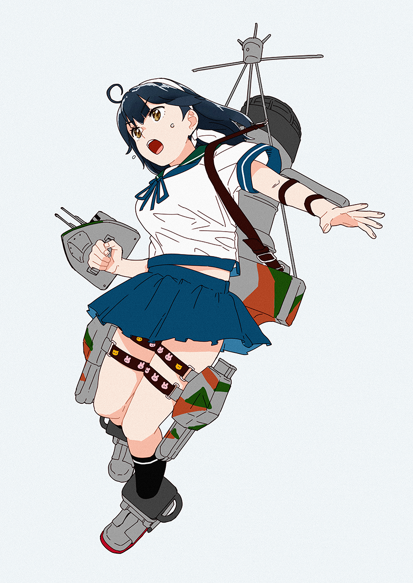 1girl ahoge black_hair black_legwear blue_sailor_collar blue_skirt cannon commentary_request full_body grey_background hairband kantai_collection kneehighs long_hair machinery mast ojipon open_mouth pleated_skirt sailor_collar school_uniform serafuku simple_background skirt smokestack solo sticker turret ushio_(kantai_collection) white_hairband