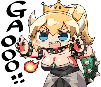 1girl :d aqua_eyes bangs bare_shoulders black_collar black_dress black_nails blonde_hair bowsette bracelet breasts breathing_fire chibi cleavage collar collarbone crown dress eyebrows_visible_through_hair fingernails fire forked_eyebrows gao hair_between_eyes hands_up horns jewelry kanikama large_breasts leaning_forward long_fingernails long_hair lowres super_mario_bros. mini_crown nail_polish new_super_mario_bros._u_deluxe nintendo open_mouth ponytail princess sharp_fingernails sharp_teeth simple_background smile solo spiked_armlet spiked_bracelet spiked_collar spiked_shell spikes standing strapless strapless_dress super_crown super_mario_bros. teeth thick_eyebrows turtle_shell v-shaped_eyebrows white_background