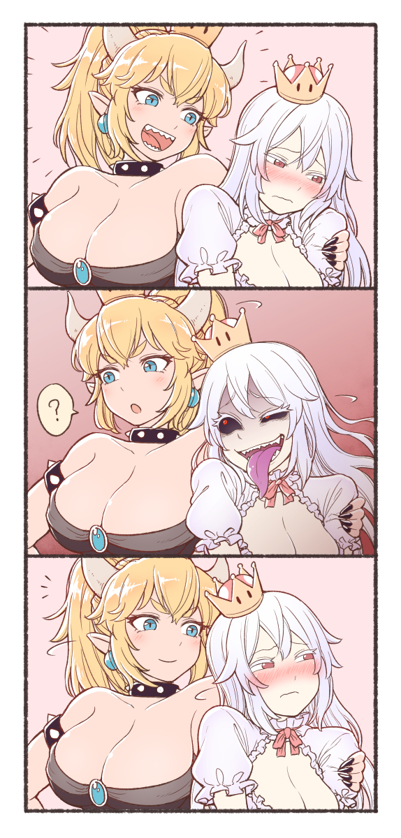 2girls 3koma ? bangs bare_shoulders black_dress black_sclera blonde_hair blue_eyes blush bowsette breasts brooch cleavage closed_eyes collar collarbone colored_eyelashes comic commentary_request crazy_eyes crazy_smile detached_collar dress earrings fangs fingernails frilled_collar frilled_dress frilled_sleeves frills full-face_blush gameplay_mechanics hair_between_eyes hands_on_another's_shoulders highres jewelry large_breasts long_fingernails long_ponytail long_tongue looking_at_another looking_away luigi's_mansion super_mario_bros. motion_lines multiple_girls nail_polish new_super_mario_bros._u_deluxe nintendo open_mouth otonari pointy_ears princess_king_boo puffy_short_sleeves puffy_sleeves red_eyes shaded_face sharp_teeth short_sleeves spiked_armlet spiked_collar spikes spoken_question_mark super_crown teeth tilted_headwear tongue tongue_out wavy_mouth white_dress white_hair