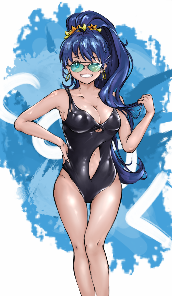 1girl ;d black_swimsuit blue_eyes blue_hair breasts cleavage commentary_request dark_skin earrings ganaha_hibiki grin hair_ornament hair_scrunchie hand_on_hip hibi_taka high_ponytail highres hoop_earrings idolmaster idolmaster_(classic) jewelry korean_commentary large_breasts long_hair navel navel_cutout one-piece_swimsuit one_eye_closed open_mouth ponytail ray-ban scrunchie smile solo standing sunglasses swimsuit tan thigh_gap very_long_hair
