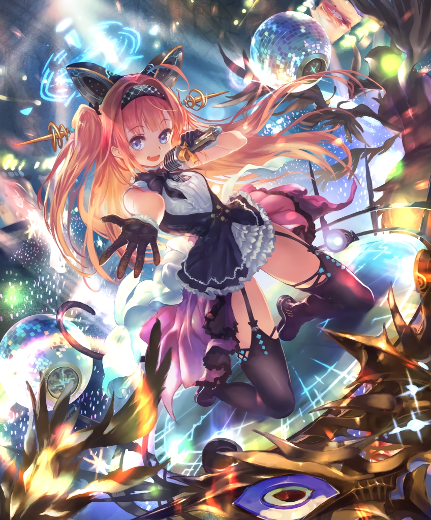 1girl ahoge animal_ears artist_request audience blue_eyes cat_ears cat_tail cygames disco_ball dress eyebrows_visible_through_hair fake_animal_ears gloves hairband idol kneeling lishenna_omen_of_destruction long_hair looking_at_viewer microphone music official_art reaching_out redhead ribbon shadowverse singing skirt tail thigh-highs twintails