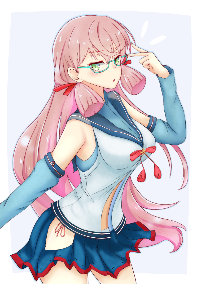 1girl akashi_(kantai_collection) bare_shoulders bespectacled blue_skirt breasts detached_sleeves faraway0128zz glasses green_eyes hair_ribbon highres hip_vent kantai_collection large_breasts long_hair looking_at_viewer pink_hair pleated_skirt ribbon school_uniform serafuku skirt thighs tress_ribbon