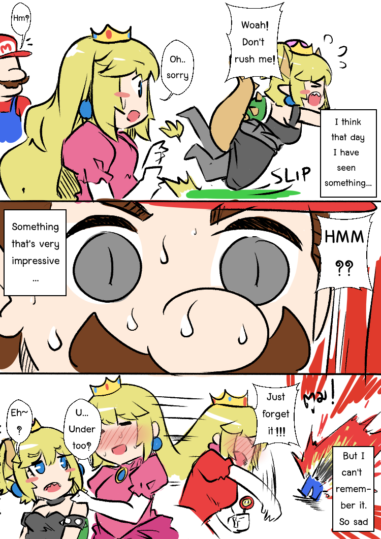 1boy 2girls black_dress blonde_hair blue_eyes blush bowsette bracelet close-up collar comic crown dress english facial_hair fire_flower flying_sweatdrops hat horns jewelry mario super_mario_bros. multiple_girls mustache new_super_mario_bros._u_deluxe nintendo ponytail princess_peach sesield spiked_bracelet spiked_collar spikes super_crown sweatdrop tail tripping turtle_shell