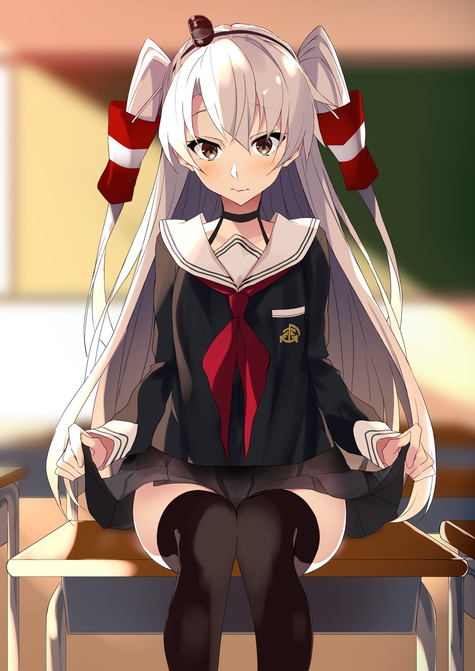 amatsukaze_(kantai_collection) black_legwear brown_eyes choker desk hair_tubes hat highres itsui_(dihydrogenmonoxid) kantai_collection mini_hat on_desk school_uniform silver_hair sitting sitting_on_desk skirt thigh-highs two_side_up windsock