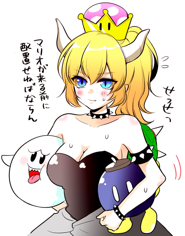 1girl bare_shoulders blonde_hair blue_eyes blush bob-omb boo bowsette bracelet breasts cleavage collar fang flying_sweatdrops holding horns jewelry jin_mocoyama super_mario_bros. new_super_mario_bros._u_deluxe nintendo ponytail shell spiked_armlet spiked_bracelet spiked_collar spiked_shell spikes super_crown sweat translation_request turtle_shell white_background