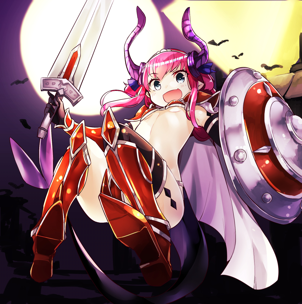 1girl armor bikini_armor black_legwear blue_eyes cape collarbone elizabeth_bathory_(brave)_(fate) elizabeth_bathory_(fate)_(all) eyebrows_visible_through_hair fate/grand_order fate_(series) flat_chest gloves hair_between_eyes hairband holding holding_shield holding_sword holding_weapon horns night open_mouth shield single_thighhigh smile sword tail thigh-highs weapon yunekoko