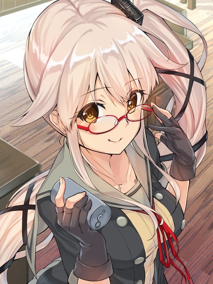 1girl black_gloves black_jacket blush breasts brown_eyes buttons collarbone depth_charge glasses gloves grey_sailor_collar hair_flaps hair_ornament hair_ribbon holding_depth_charge jacket kantai_collection long_hair looking_at_viewer medium_breasts neck_ribbon open_clothes open_jacket open_mouth partly_fingerless_gloves pink_hair ponytail red-framed_eyewear red_ribbon remodel_(kantai_collection) ribbon sailor_collar school_uniform serafuku short_sleeves side_ponytail smile solo upper_body very_long_hair youmou_usagi yura_(kantai_collection)