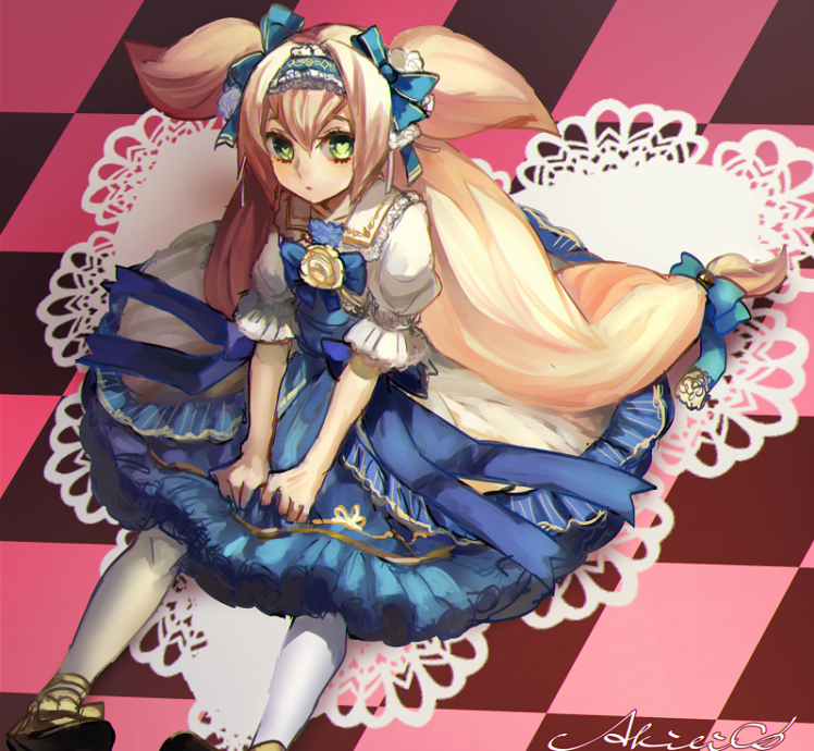 1girl akilico alternate_costume blazblue blonde_hair blue_legwear dress green_eyes hair_ribbon hairband heart heart-shaped_pupils long_hair looking_at_viewer platinum_the_trinity ribbon sitting solo symbol-shaped_pupils two_side_up very_long_hair white_legwear