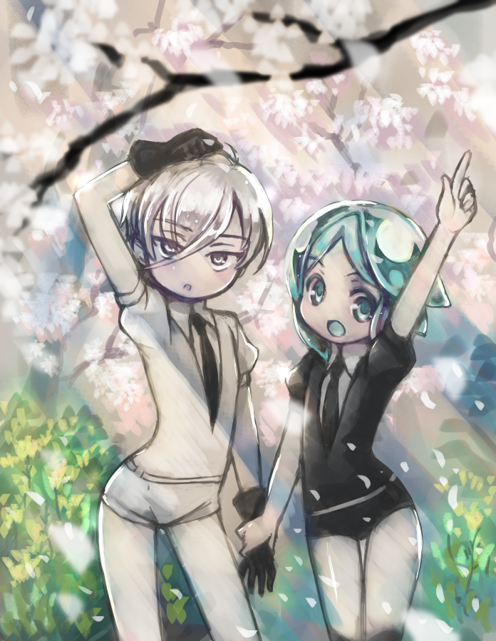 2others amimi androgynous antarcticite aqua_eyes aqua_hair blue_eyes blue_hair branch bush crystal_hair eyebrows_visible_through_hair gem_uniform_(houseki_no_kuni) gloves hair_between_eyes hand_holding houseki_no_kuni long_bangs looking_at_viewer multiple_others necktie no_nose open_mouth petals phosphophyllite pointing pointing_up short_hair silver_hair smile tree white_eyes white_hair