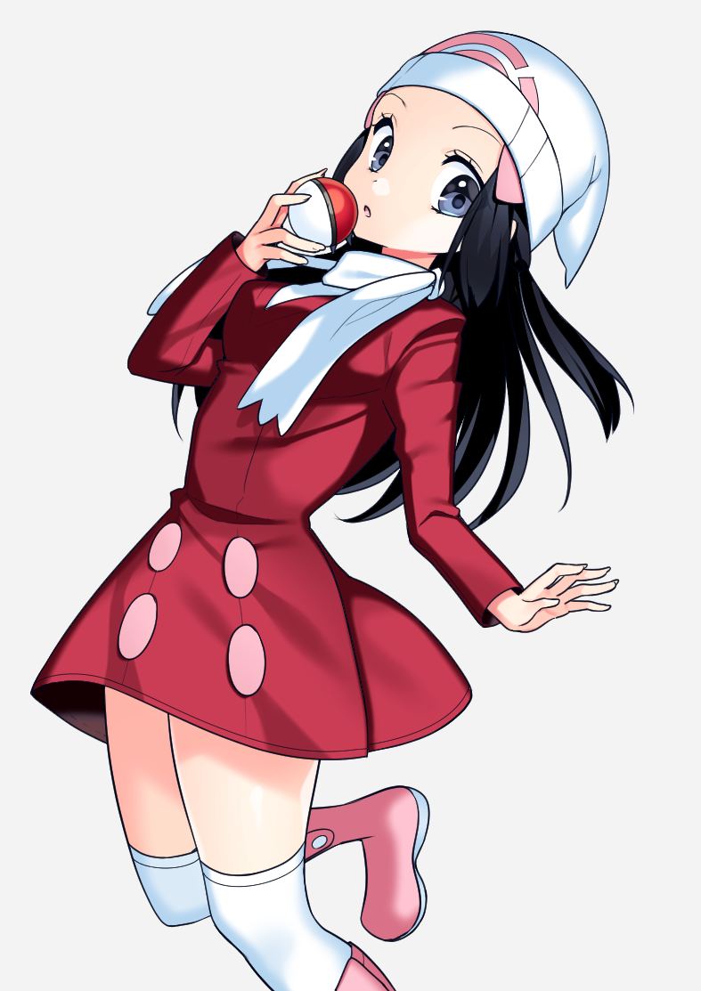 1girl black_hair blue_eyes boots coat coat_dress creatures_(company) floating_hair game_freak grey_background hat hikari_(pokemon) holding holding_poke_ball leaning_back leg_up long_hair looking_at_viewer nintendo open_mouth pink_footwear poke_ball pokemon pokemon_(game) pokemon_dppt pokemon_platinum red_coat scarf simple_background solo standing standing_on_one_leg thigh-highs white_hat white_legwear white_scarf winter_clothes winter_coat yuihiko