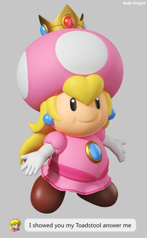 1girl 3d black_eyes commentary crown dress earrings elbow_gloves fake_screenshot gloves grey_background jewelry long_hair super_mario_bros. new_super_mario_bros._u_deluxe nintendo outstretched_arms princess_peach puffy_short_sleeves puffy_sleeves rafaknight role_reversal short_sleeves simple_background solo toad white_gloves