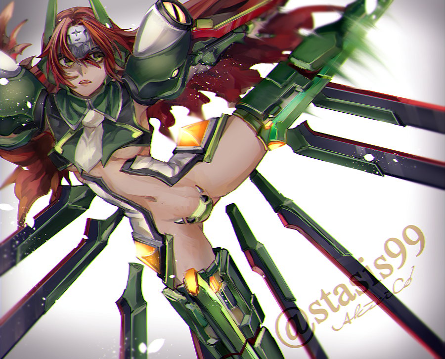 1girl akilico alternate_color blazblue forehead_protector gloves long_hair mecha_musume mu-12 navel redhead solo thigh-highs yellow_eyes