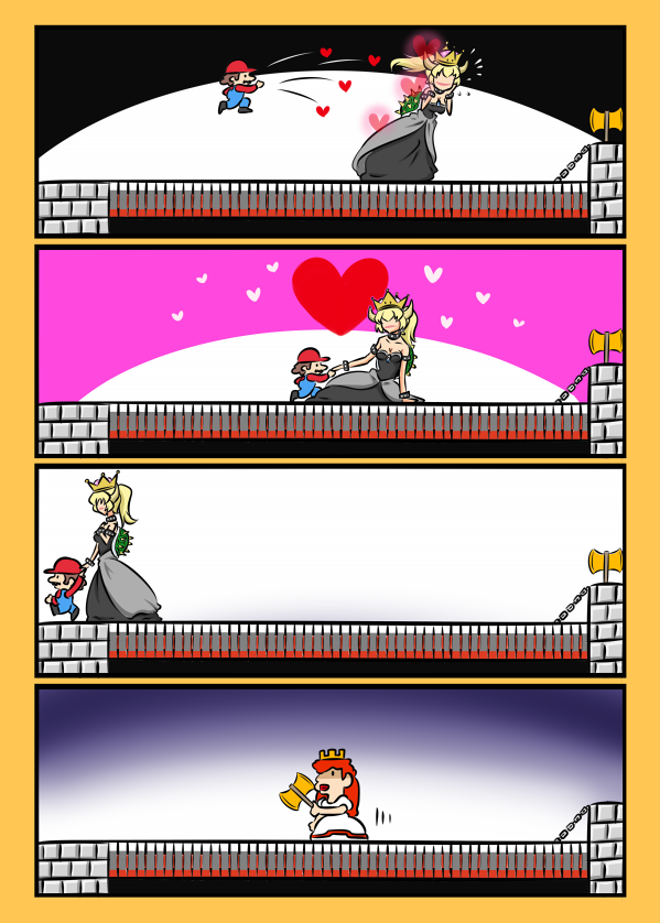 1boy 2girls 4koma axe bare_shoulders battle_axe blonde_hair blue_eyes bowsette bracelet breasts bridge collar comic crown dress hand_holding heart holding holding_weapon horns jewelry kogane_(staygold) large_breasts mario super_mario_bros. multiple_girls new_super_mario_bros._u_deluxe nintendo pixel_art ponytail princess_peach redhead spiked_bracelet spiked_collar spikes super_crown super_mario_bros. weapon