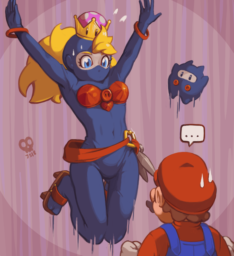 ... 1boy 1girl arms_up balaclava bangle black_bodysuit blonde_hair blue_eyes bodysuit bracelet breasts clenched_hands commentary covered_mouth covered_navel crown english_commentary facial_hair geta hat jewelry joakim_sandberg jumping long_hair mario super_mario_bros. medium_breasts mustache new_super_mario_bros._u_deluxe ninji_(mario) nintendo overalls personification ponytail sash solo_focus super_crown sweatdrop transformation