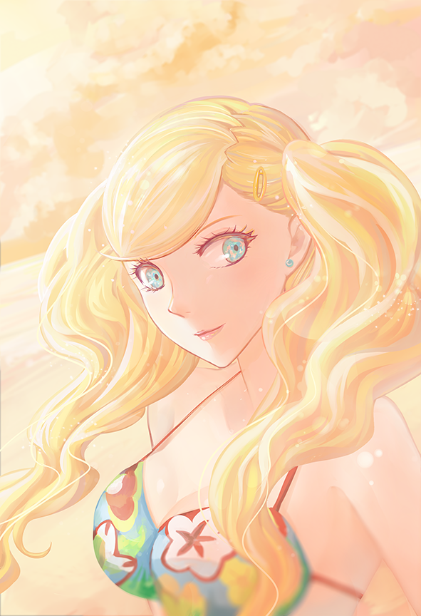 1girl atlus bikini blonde_hair blue_eyes breasts cleavage cute earrings floating_hair hair_ornament hairclip jewelry long_hair looking_at_viewer medium_breasts megami_tensei parted_lips persona persona_5 print_bikini_top shiny shiny_hair smile solo swimming takamaki_anne twintails upper_body yolkyao