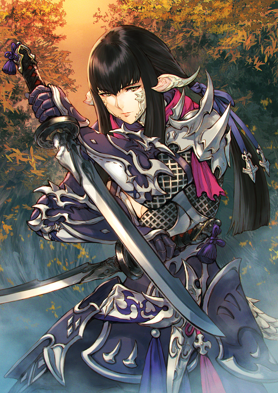 1girl armor au_ra black_hair breasts cleavage dual_wielding final_fantasy final_fantasy_xiv forest gauntlets green_eyes highres holding horns long_hair looking_at_viewer makimura_shunsuke nature solo