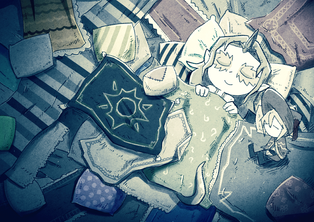 1girl bangs bed_sheet closed_eyes closed_mouth company_captain_yorshka cushion dark_souls doll horn long_hair lying on_back parted_bangs pillow pointy_ears setz sleeping smile solo souls_(from_software) under_covers