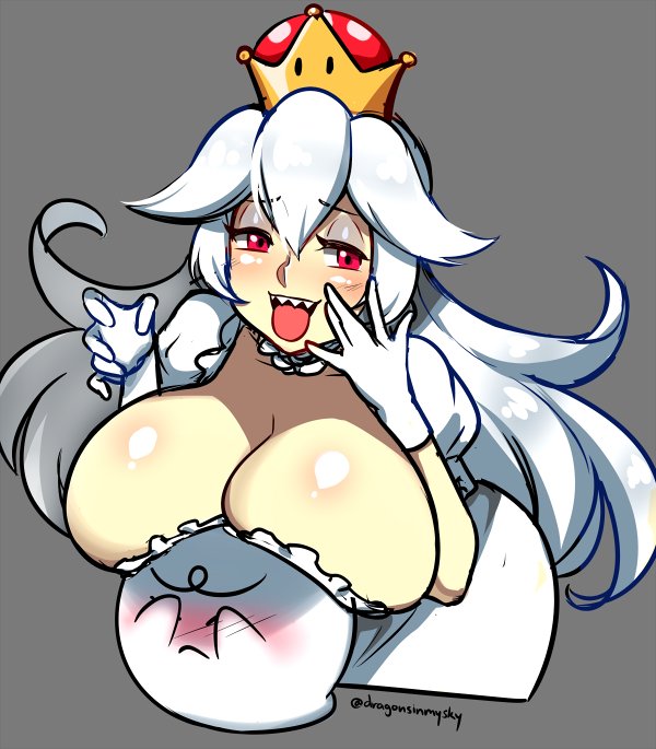 1girl blush boo breast_rest breasts breasts_on_head cleavage curvy d-ryuu dress earrings embarrassed genderswap genderswap_(mtf) ghost gloves hands_on_own_face huge_breasts jewelry long_hair super_mario_bros. new_super_mario_bros._u_deluxe nintendo open_mouth plump pov princess_king_boo red_eyes shiny shiny_skin smile super_crown super_mario_bros. tongue tongue_out white_hair