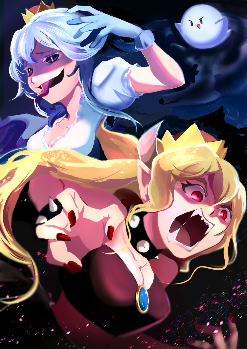 &gt;_&lt; 2girls :d angry attack bangs black_dress black_eyes blonde_hair blush boo bowsette bracelet breasts brooch cleavage collar colored_eyelashes danjou_yoshikage dress gloves glowing glowing_eyes hair_between_eyes highres horns jewelry lavender_hair light_particles long_hair long_ponytail luigi's_mansion super_mario_bros. medium_breasts multiple_girls nail_polish new_super_mario_bros._u_deluxe nintendo open_mouth pointy_ears princess_king_boo puffy_short_sleeves puffy_sleeves purple_tongue red_eyes red_nails saliva screaming shaded_face sharp_teeth short_sleeves sidelocks slit_pupils smile spiked_bracelet spiked_collar spikes strapless strapless_dress super_crown swept_bangs teeth tongue tongue_out upper_body white_dress xd