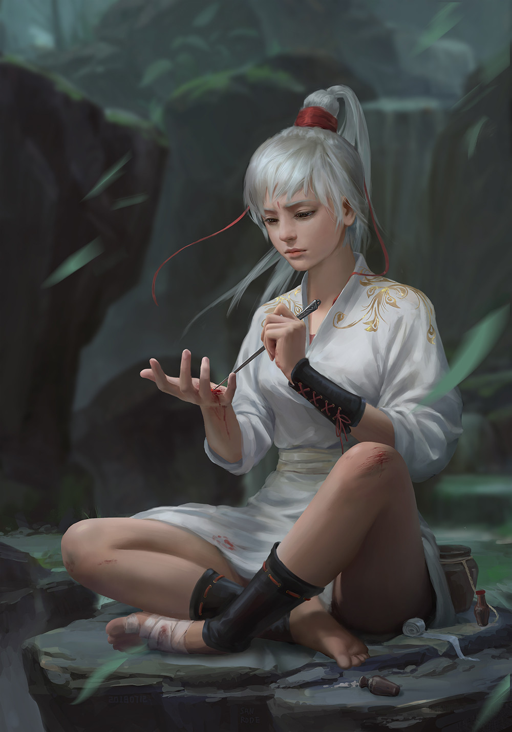 1girl ankle_wrap artist_request bandaged_feet barefoot bindi blood bloody_clothes cuts highres indian_style injury long_hair needle original painting realistic river riverbank robe rock scrape scraped_knee self_harm sitting topknot tunic white_hair wind wrist_wrap