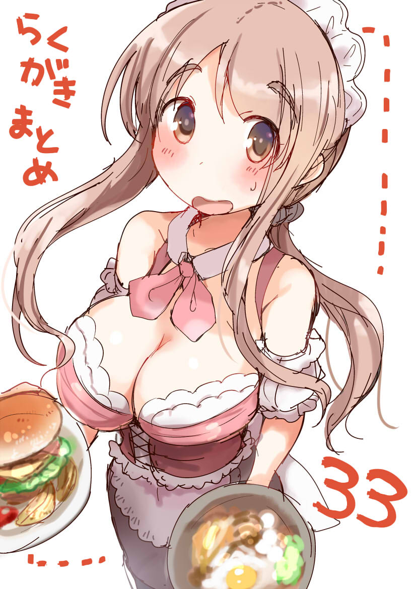 1girl blush breasts brown_eyes brown_hair cleavage collarbone detached_collar detached_sleeves dress egg eyebrows_visible_through_hair food frilled_dress frilled_sleeves frills hamburger holding holding_plate large_breasts long_hair looking_at_viewer maid_headdress matsumoto_yoriko open_mouth plate ponytail sidelocks solo sweatdrop tatsunokosso translated white_background yuyushiki