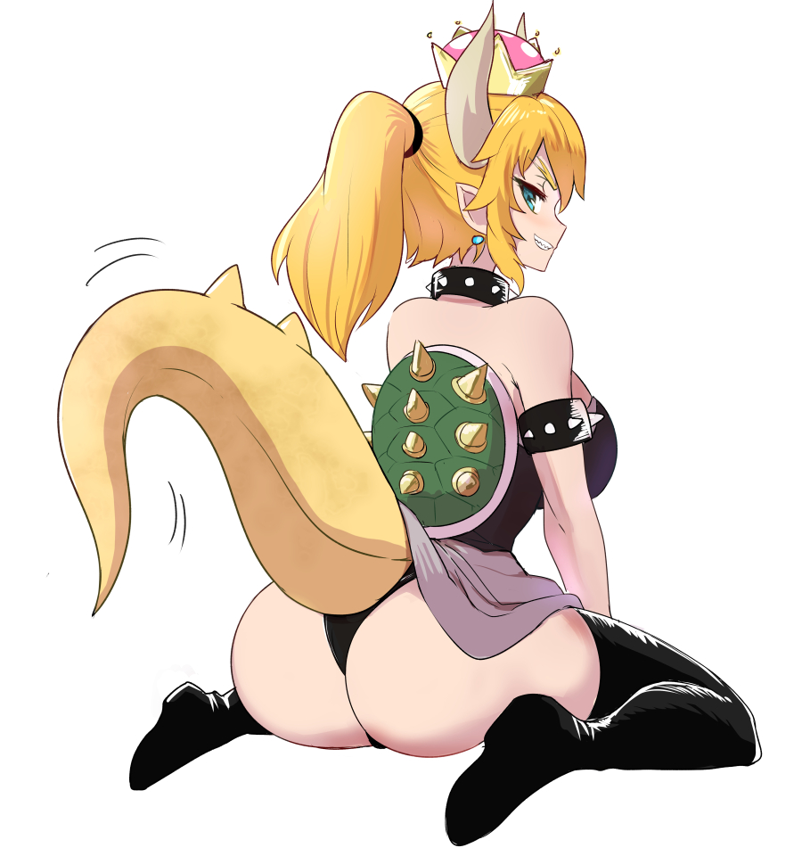 1girl armlet ass bare_shoukders bare_shoulders black_footwear black_leotard blonde_hair blue_eyes boots bowsette breasts collar crown earrings hips horns jewelry kneeling large_breasts legs leotard long_hair looking_at_viewer looking_back super_mario_bros. new_super_mario_bros._u_deluxe nintendo okamura_(okamura086) pointy_ears ponytail sharp_teeth shell simple_background skirt skirt_lift smile solo spiked_collar spiked_shell spiked_tail spikes strapless strapless_leotard super_crown tail teeth thick_thighs thigh-highs thigh_boots thighs turtle_shell white_background wide_hips