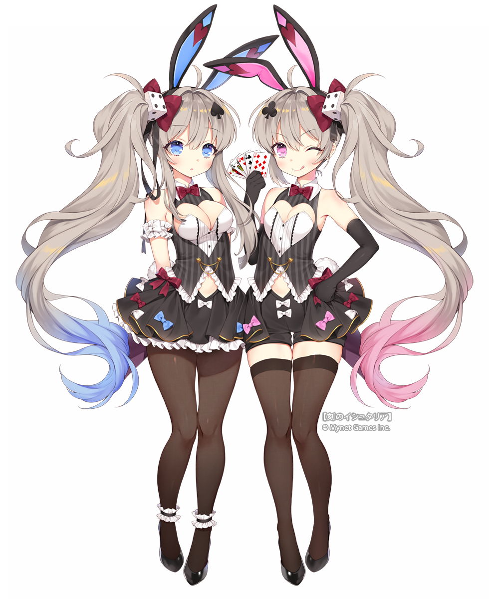 2girls :o ;q animal_ears ankle_garter arm_garter bangs black_footwear black_gloves black_shorts black_skirt blue_bow blue_eyes blue_hair blush bow bowtie breasts brown_hair brown_legwear bunny_girl bunny_tail byulzzimon card cleavage closed_mouth club_(shape) club_hair_ornament copyright_request diamond_(shape) dice_hair_ornament elbow_gloves eyebrows_visible_through_hair frilled_skirt frilled_vest frills gloves gradient_hair grey_vest hair_between_eyes hair_bow hair_ornament hand_on_hip hand_up heart highres holding holding_card long_hair medium_breasts multicolored_hair multiple_girls official_art one_eye_closed pantyhose parted_lips pink_bow pink_eyes pink_hair playing_card pleated_skirt rabbit_ears red_bow red_neckwear shoes short_shorts shorts siblings side_ponytail sidelocks simple_background sisters skirt small_breasts smile spade_hair_ornament striped tail thigh-highs tongue tongue_out twins v-shaped_eyebrows vertical-striped_vest vertical_stripes very_long_hair vest white_background white_bow