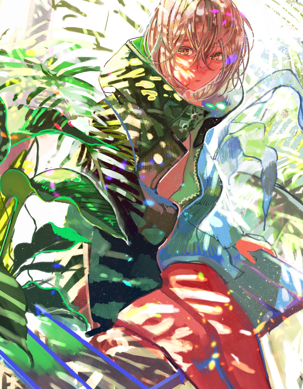 1boy brown_hair highres jacket leaf looking_at_viewer male_focus open_clothes open_jacket open_mouth original plant shade sitting solo