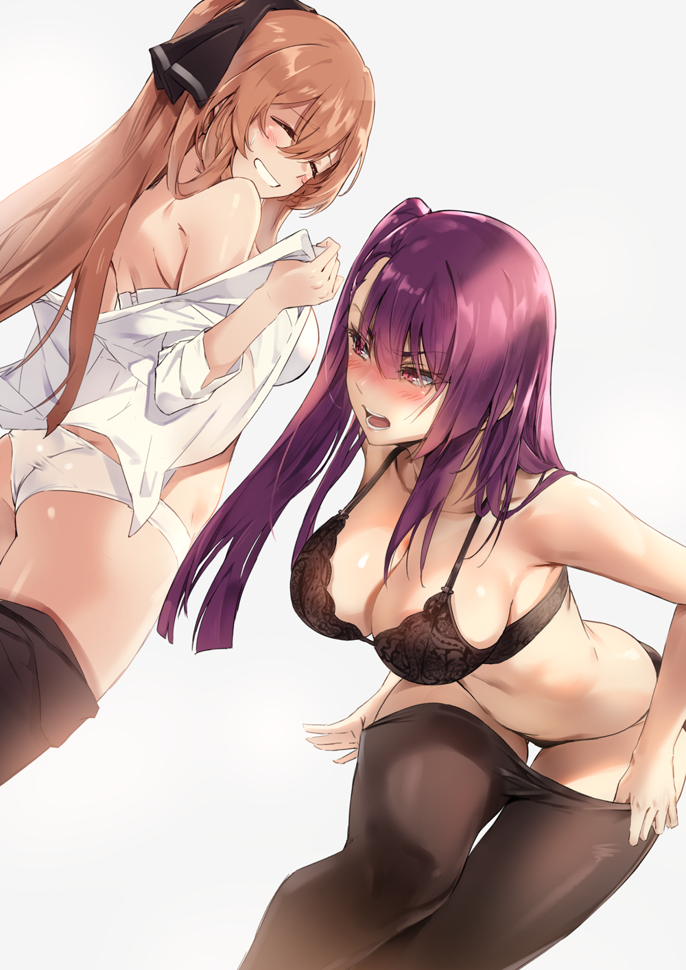 2girls ass bangs black_bra black_legwear black_panties black_ribbon blush bra breasts brown_hair cleavage collarbone eyebrows_visible_through_hair girls_frontline hair_between_eyes hair_ribbon hair_rings highres honey_yun large_breasts long_hair m1903_springfield_(girls_frontline) multiple_girls one_side_up open_clothes open_mouth open_shirt panties pantyhose purple_hair red_eyes ribbon shirt simple_background smile underwear undressing very_long_hair wa2000_(girls_frontline) white_bra white_panties white_shirt