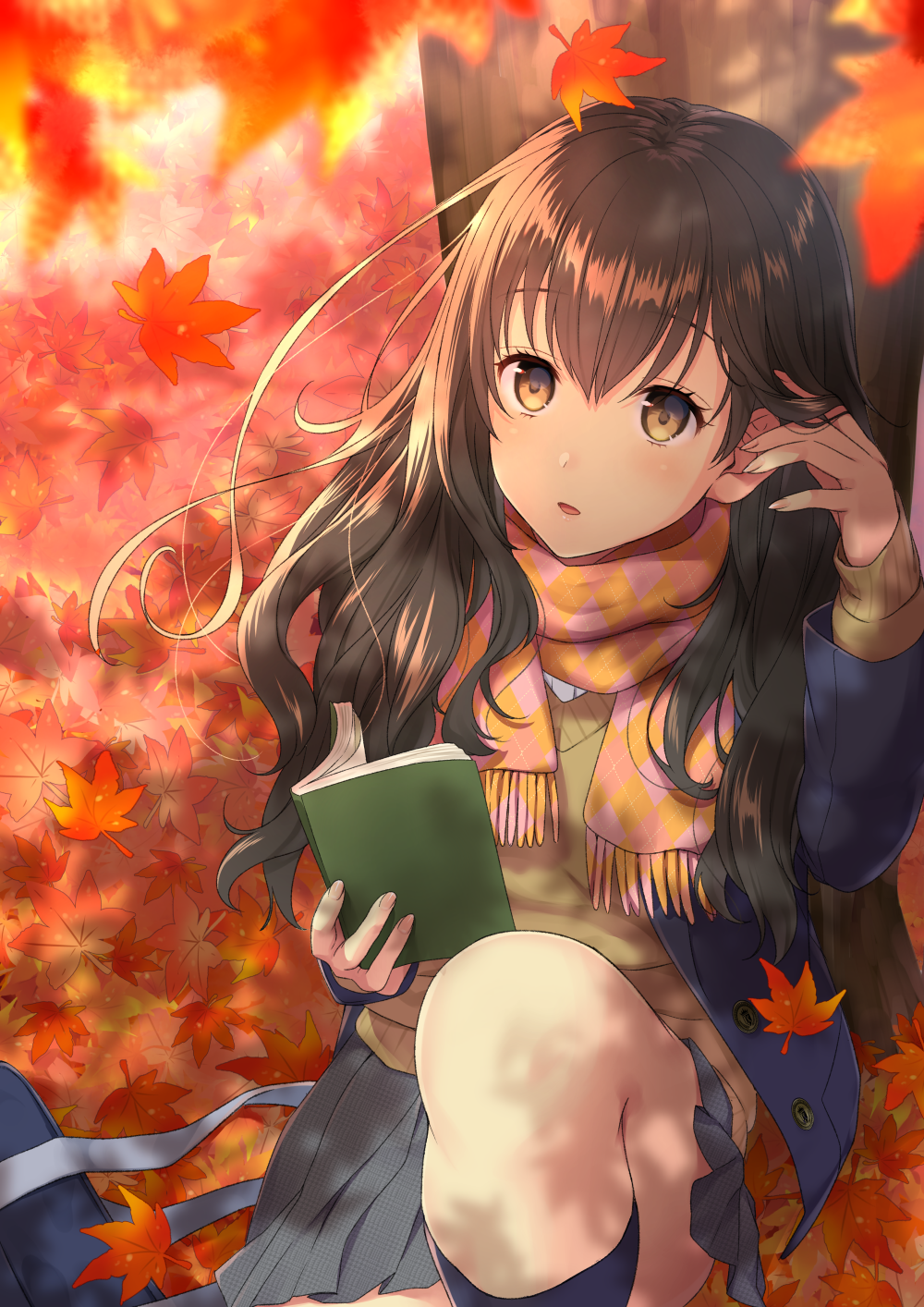 1girl against_tree argyle argyle_scarf arm_up autumn_leaves bag blue_coat blue_legwear blurry blurry_foreground book brown_eyes brown_hair brown_sweater coat commentary_request daidai_jamu day depth_of_field fingernails fringe grey_skirt hand_up highres holding holding_book knee_up kneehighs leaf long_hair long_sleeves maple_leaf on_ground open_book open_clothes open_coat original outdoors parted_lips pink_scarf pleated_skirt scarf school_bag school_uniform sitting skirt solo sweater tree unmoving_pattern