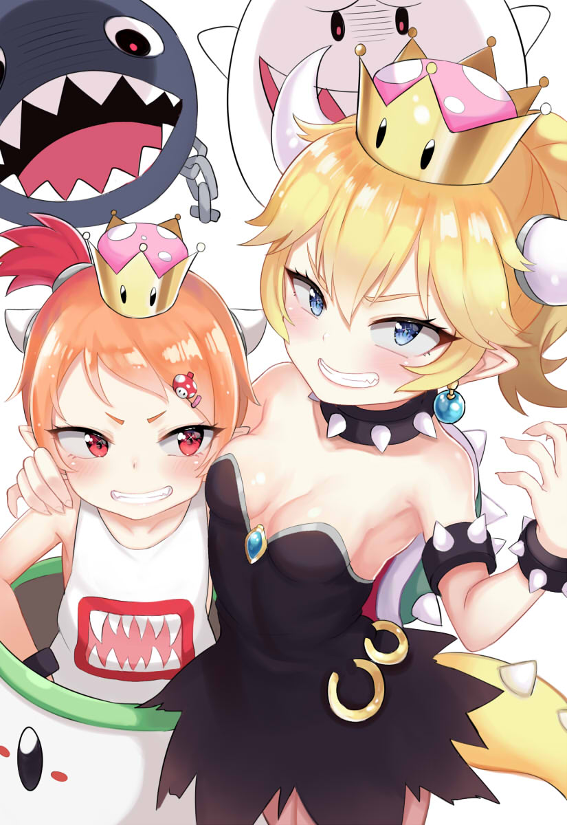2girls armlet atg_(wttoo0202) bare_shoulders blonde_hair blue_eyes blush boo bowsette bowsette_jr. bracelet breasts chain_chomp child cleavage clenched_teeth collar crown food_themed_hair_ornament hair_ornament hand_on_another's_shoulder highres horns jewelry koopa_clown_car looking_at_viewer super_mario_bros. multiple_girls mushroom_hair_ornament new_super_mario_bros._u_deluxe nintendo orange_hair pointy_ears ponytail red_eyes sharp_teeth shirt short_hair side_ponytail simple_background sleeveless sleeveless_shirt small_breasts spiked_armlet spiked_bracelet spiked_collar spikes super_crown tail teeth white_background white_shirt