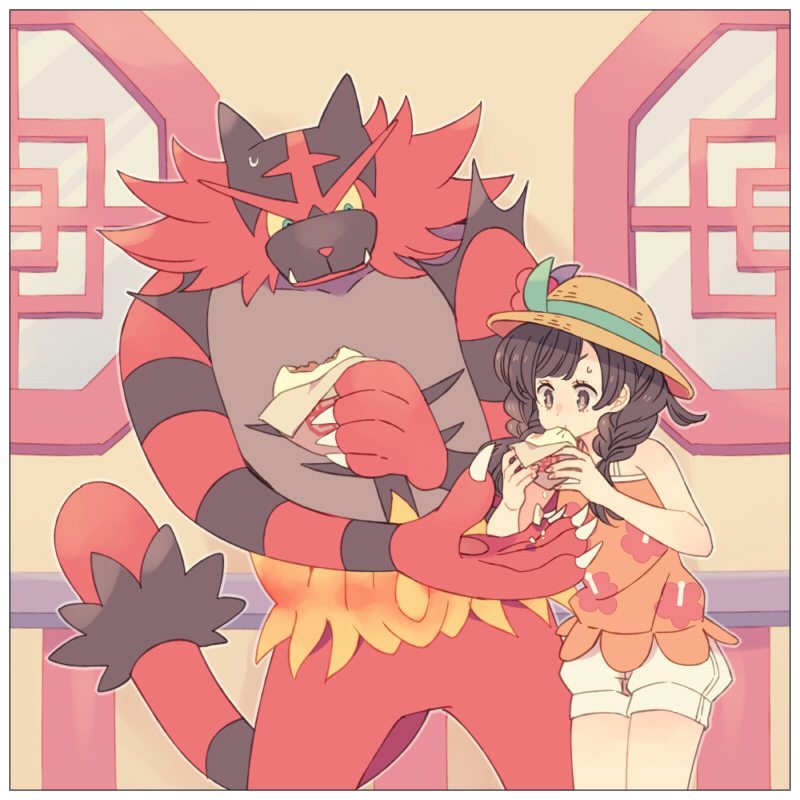 1girl baozi braid brown_eyes brown_hair catching claws commentary creatures_(company) crumbs eating food game_freak gen_7_pokemon halterneck hat incineroar komasawa_(fmn-ppp) mizuki_(pokemon) nintendo pokemon pokemon_(game) pokemon_usum shirt shorts sleeveless sleeveless_shirt straw_hat sun_hat sweatdrop twin_braids