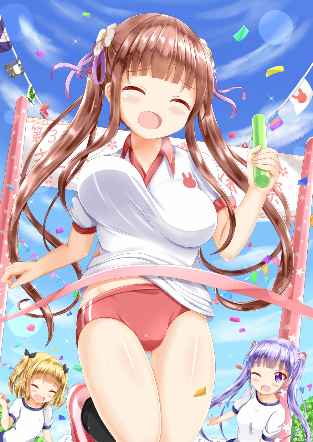 3girls black_legwear black_ribbon blonde_hair blue_sky blush bouncing_breasts breasts brown_hair buruma closed_eyes clouds collarbone collared_shirt commentary_request company_connection confetti crossover dated day gluteal_fold gochuumon_wa_usagi_desu_ka? gym_uniform hair_ribbon highres holding iijima_yun kneehighs long_hair multiple_girls new_game! open_mouth outdoors pennant pink_footwear puffy_short_sleeves puffy_sleeves purple_hair red_buruma ribbon shirt shoes short_sleeves sky small_breasts standing standing_on_one_leg string_of_flags suzukaze_aoba tears twintails twitter_username two_side_up ujimatsu_chiya very_long_hair violet_eyes white_shirt zenon_(for_achieve)
