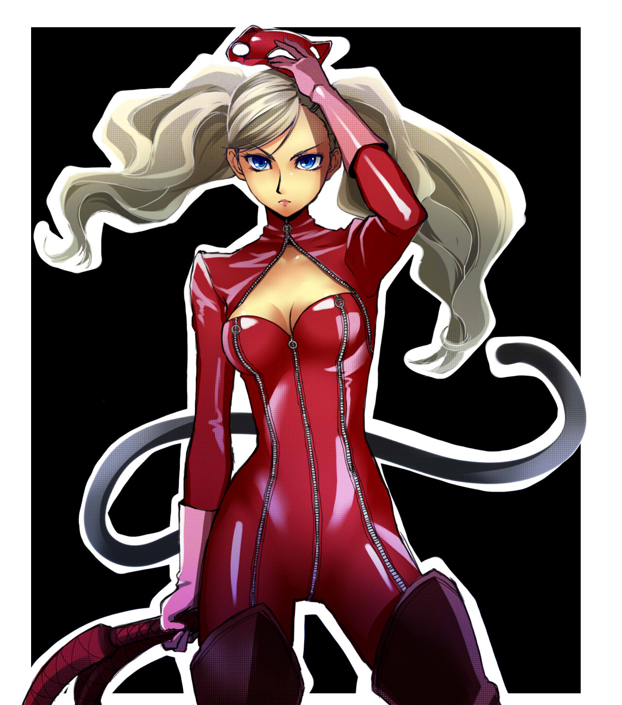 1girl blue_eyes bodysuit boots border breasts cat_mask cleavage_cutout closed_eyes cowboy_shot gloves highres long_hair looking_at_viewer mask mask_removed medium_breasts persona persona_5 pink_gloves red_bodysuit red_legwear silver_hair solo standing tail takamaki_anne thigh-highs thigh_boots twintails whip white_border yukigumo zipper