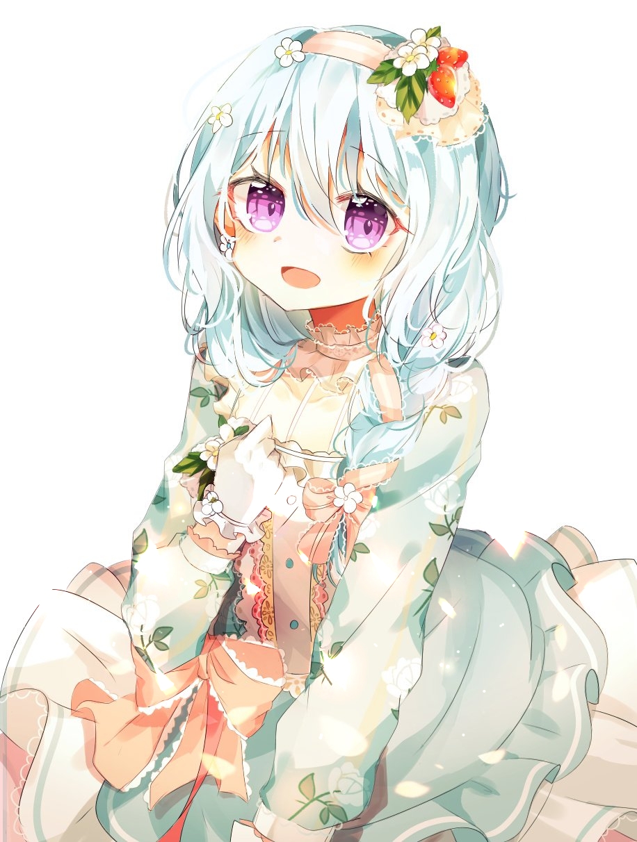 1girl :d alternate_hairstyle bang_dream! bangs blue_hair blush braid clenched_hand dress earrings floral_print flower flower_earrings food_themed_hair_ornament gloves hair_between_eyes hair_flower hair_ornament hair_over_shoulder hair_ribbon hairband hand_on_own_chest highres jewelry long_sleeves looking_at_viewer matsubara_kanon mirumo_(tkxh00_1) open_mouth pink_ribbon print_dress ribbon simple_background single_braid smile solo strawberry_hair_ornament violet_eyes white_background white_flower white_gloves