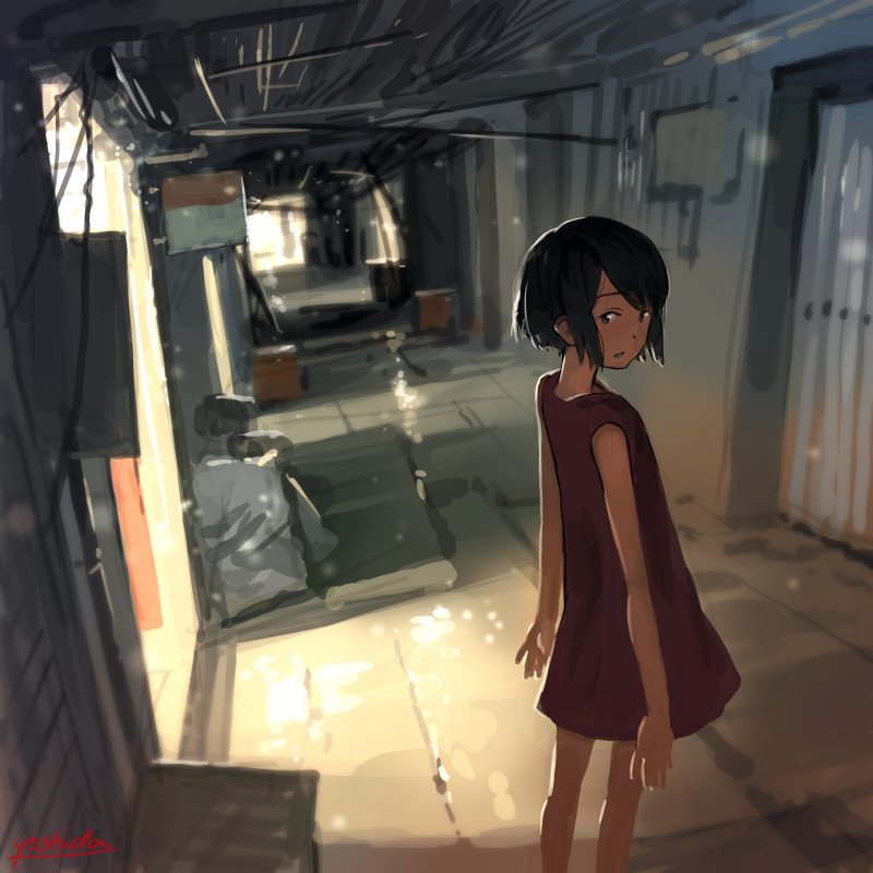 1girl :o air_conditioner artist_name bare_arms bare_legs bare_shoulders black_hair blurry box brown_eyes cable ceiling depth_of_field door dress expressionless from_behind indoors looking_back original parted_lips pipes red_dress reflection ruins short_hair sleeveless sleeveless_dress solo sunlight tareme wire yoshida_seiji