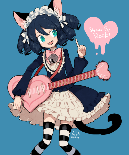 1girl :3 animal_ear_fluff animal_ears aqua_eyes bell blue_background blue_hair cat_ears cat_girl cat_tail copyright_name curly_hair cyan_(show_by_rock!!) dated dot_nose electric_guitar feet_out_of_frame frills gothic_lolita guitar hand_up head_tilt heart heart_guitar index_finger_raised instrument jingle_bell l_hakase lolita_fashion long_sleeves looking_to_the_side open_mouth puffy_sleeves ribbon ringlets short_hair show_by_rock!! signature simple_background smile solo strawberry_heart striped striped_legwear tail tareme thigh-highs white_ribbon