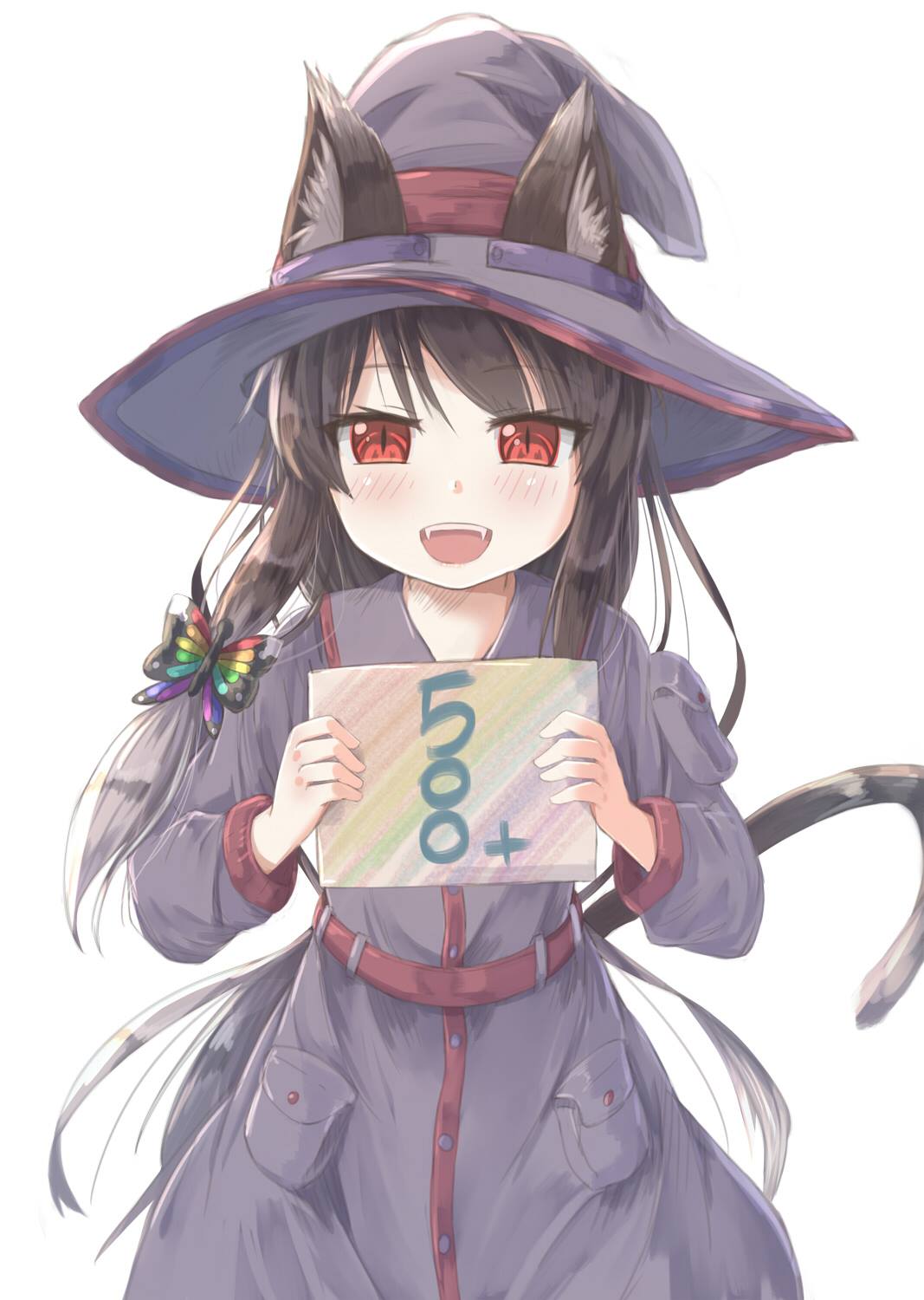 1girl animal_ear_fluff animal_ears bangs black_hair blush butterfly_hair_ornament fangs hair_ornament hat highres hikari_niji holding holding_sign long_hair looking_at_viewer open_mouth original red_eyes robe sign solo tail witch_hat