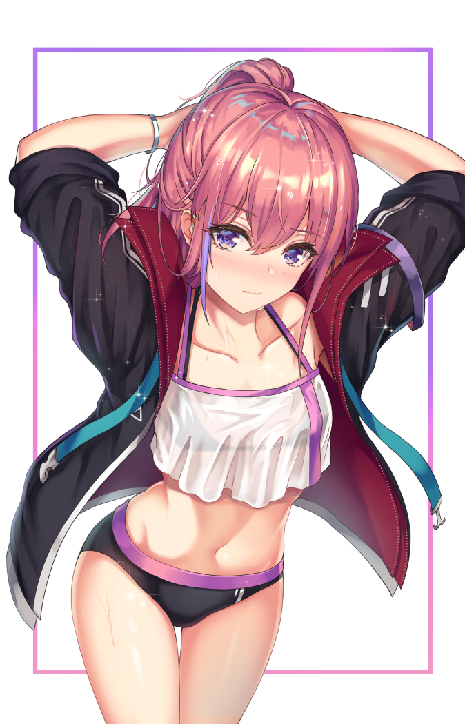 1girl alternate_costume bangle bangs bikini black_bikini blue_eyes blue_hair blush bracelet breasts cenangam closed_mouth collarbone crop_top crop_top_overhang eyebrows_visible_through_hair girls_frontline hair_between_eyes hair_ornament jacket jewelry long_hair looking_at_viewer mod3_(girls_frontline) multicolored_hair navel open_clothes open_jacket pink_hair ponytail see-through sidelocks small_breasts snap-fit_buckle solo st_ar-15_(girls_frontline) stomach streaked_hair swimsuit thighs toned tying_hair wet
