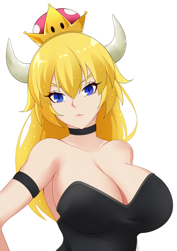 1girl arm_strap bangs black_choker black_leotard blonde_hair blue_eyes bowsette breasts choker cleavage collarbone crown expressionless hair_down large_breasts leotard long_hair looking_at_viewer super_mario_bros. new_super_mario_bros._u_deluxe nintendo shito_zhizhen simple_background solo strapless strapless_leotard super_crown upper_body white_background