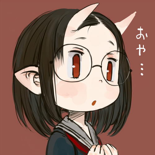 1girl bangs black_shirt brown_hair commentary_request ebimomo grey_sailor_collar horns lowres neckerchief oni oni_horns original parted_bangs parted_lips pointy_ears portrait red_background red_eyes red_neckwear round_eyewear sailor_collar school_uniform serafuku shirt short_hair simple_background solo translated upper_body